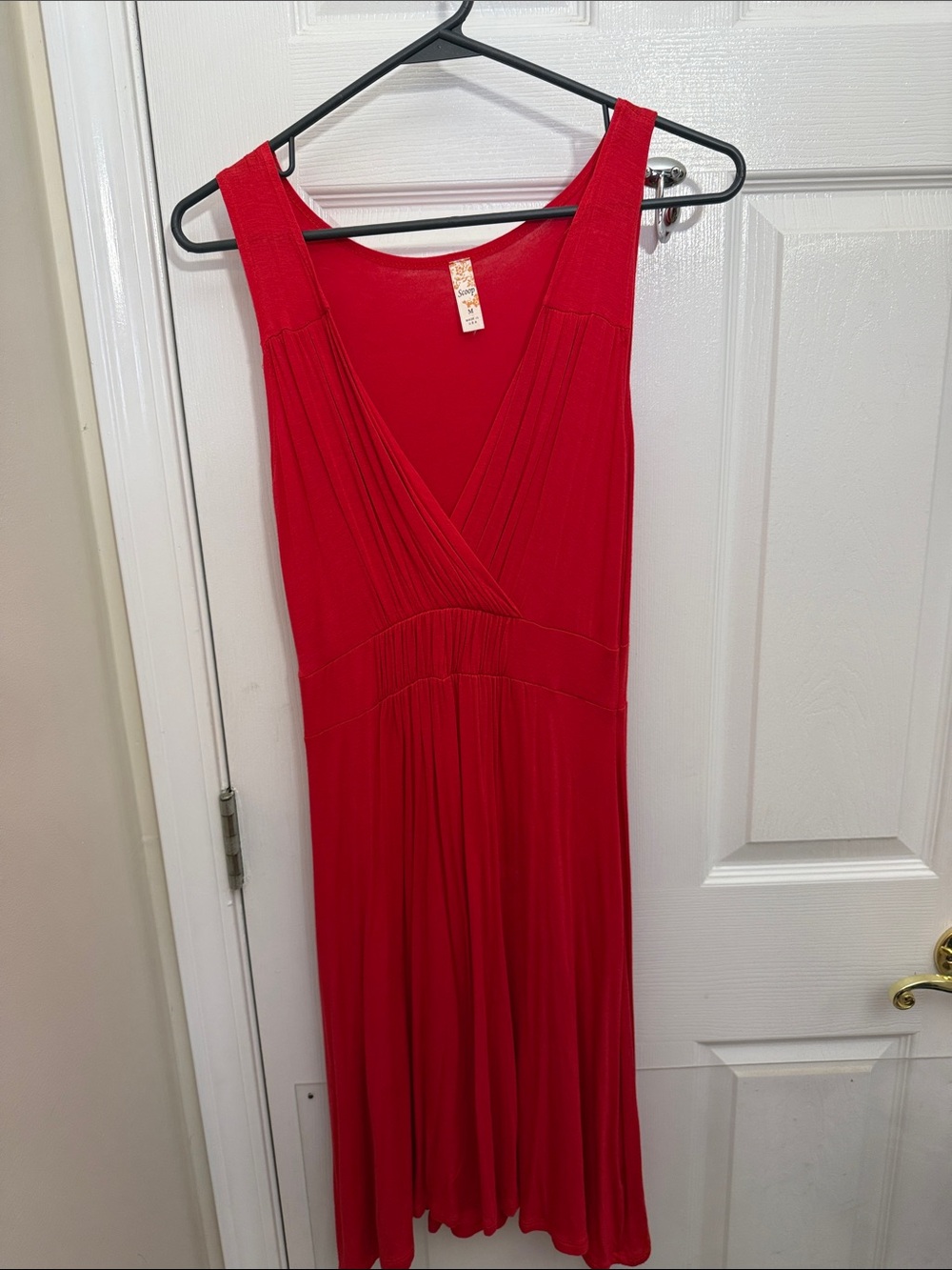 Red Sleeveless V-Neck Women’s Dress with Gathered Waist